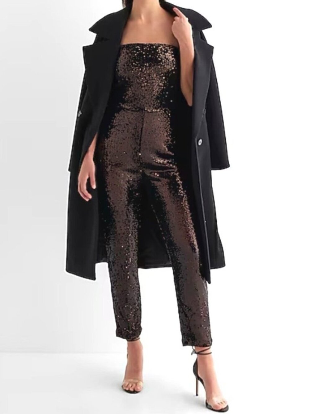 Express Expresso Brown Sequin Strapless Ankle Tapered Leg Stretch Jumpsuit